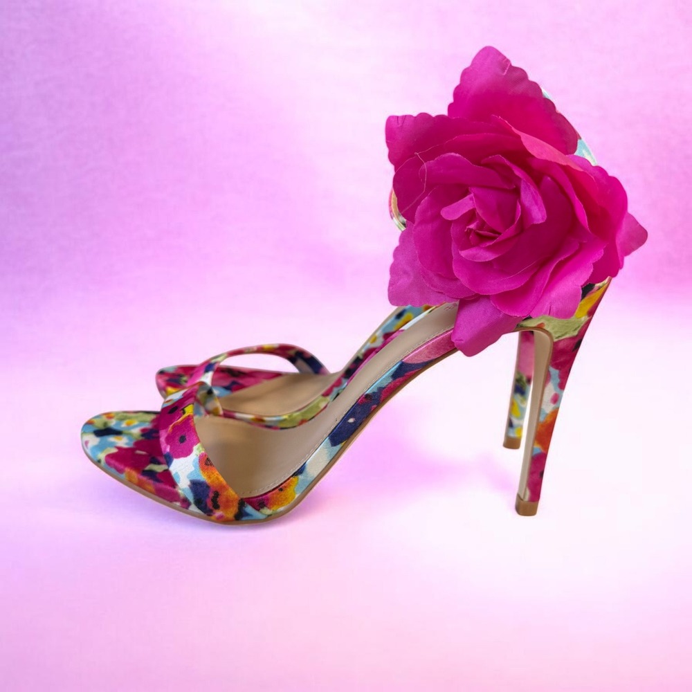 JustFab Floral Multicolor High Heel Sandals with Pink Flower